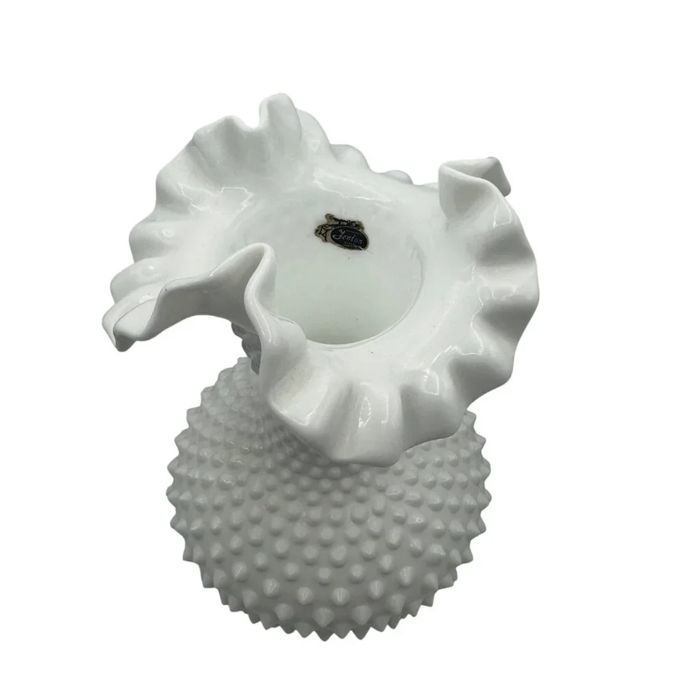 Fenton White Hobnail Milk Glass Vase With Ruffled Rim